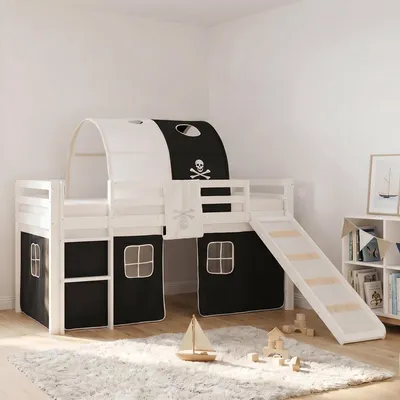 Produktbild von Homestyle4u Hochbett 90x200 mit Rutsche Lattenrost Vorhang Tunnel Pirat Junge schwarz Kinderbett Weiß Holz Kiefer Massiv Jugendbett Spielbett