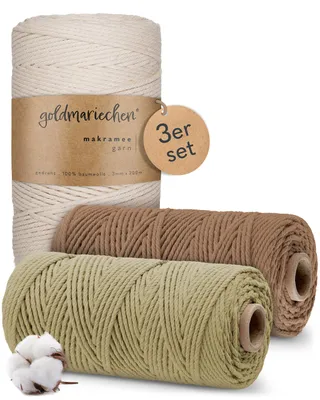 Produktbild von Makramee Garn 3er Set 3mm (Naturell 200m, Taupe 100m, Salbei 100m) 100% Baumwollgarn für DIY-Deko Wandteppich, Pflanzenhänger, Pflanzenampel