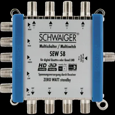 A Schwaiger SEW 58 multiswitch is shown against a black background.