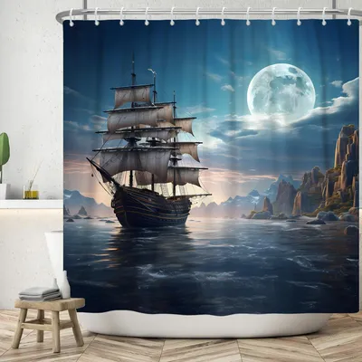 Zdjęcie produktu dla Zasłona prysznicowa, poliester, 180 x 200 cm, motyw morski, wodoodporna, do łazienki