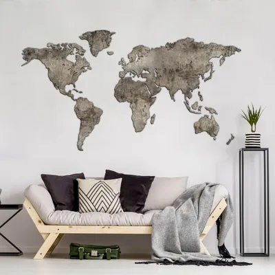 Zdjęcie produktu dla Giallobus - Mapa świata - przemysłowa - cementowa - dekoracja ścienna z drewna MDF - 190D x 105D cm - Drewno MDF - Cemento