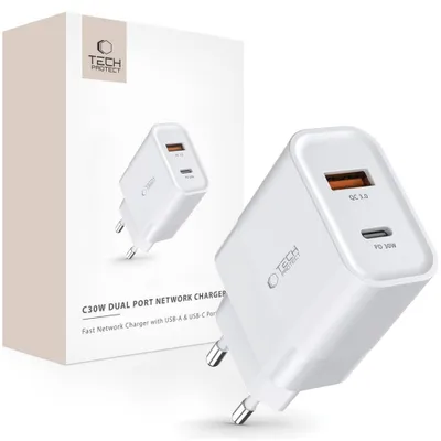 Obrázek produktu pro Tech-Protect C30W 2-Portová Síťová Nabíječka Pd30W/Qc3.0 Bílá