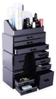 Zdjęcie produktu dla Akrylowy organizer do makijażu/kosmetyków Confibel XXL - regulowane szuflady - organizer na biżuterię/makijaż/kosmetyki - 11 przegródek - czarny