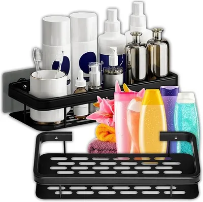 Produktbild von PolkaHome® Duschregal ohne Bohren, 2er Set – Selbstklebende Wandablage für Bad & Küche, Schwarz, PEVA