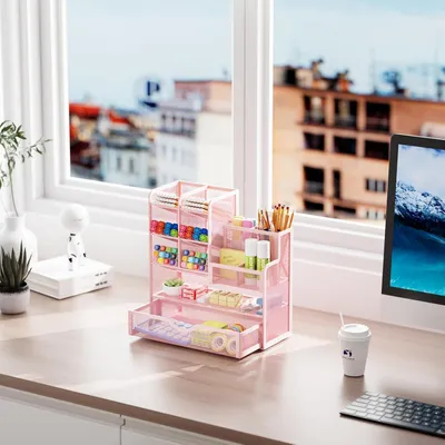 Produktbild von Büro-Organizer, multifunktionale Stifthalter mit Schublade, Aufbewahrungsregal für Schule, Zuhause, Büro, rosa
