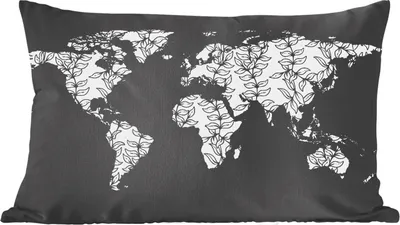 Produktbild von MuchoWow® Zierkissen Sofakissen Wohnzimmer Dekokissen 50x30 cm Weltkarte - Schwarz - Weiß - Blätter - Wohnzimmerdekoration - Polster mit Photo