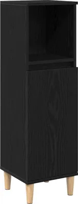 A black wooden cabinet with light wood legs is shown against a white background.