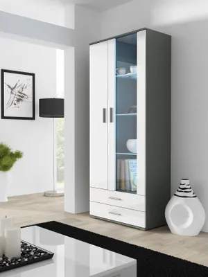 Produktbild von Vitrine Vitrinenschrank SOHO SH7G grau / weiß hochglanz 80cm breit Glasvitrine