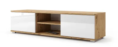 Obrázok produktu pre Televízna skrinka 120 cm, biela lesklá. Skrinka na televízor z prírodného dubového dreva s úložným priestorom, moderný televízny stolík v drevenom vzhľade s dvierkami, obývačka
