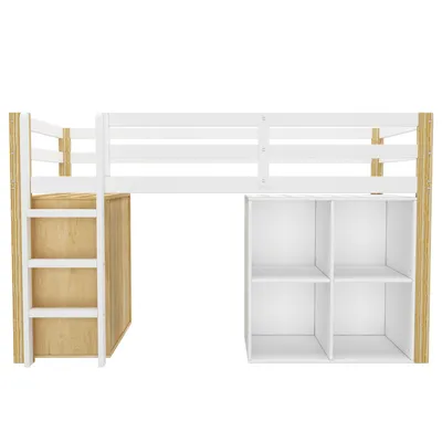 Obrázek produktu pro okwish podkrovní postel 90x200 cm s ochranou proti vypadnutí, dětská postel pro mládež s roštovým rámem, rám postele z masivu se 2 úložnými skříňkami a žebříkem, bílá barva