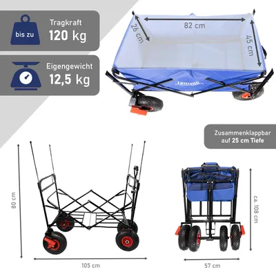 Multiple views of a foldable blue wagon, including dimensions and load capacity.