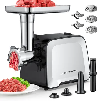 Produktbild von CHEFFANO Elektrischer Fleischwolf, 2000W Fleischmühle, 3 Lochscheiben, 2 Kegel-Klingen, Wurstfüllrohr, 2 Fleischkrallen, Burgerpresse & Kubbe