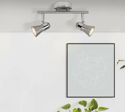 A ceiling light fixture with two adjustable spotlights is shown against a white wall, with a framed piece of abstract art and a plant in the foreground.