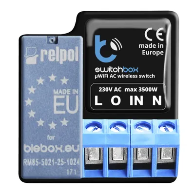 Produktbild von blebox SwitchBox, Kabellos, μWi-Fi, Schwarz, 2400 MHz, Kabellos, IP20