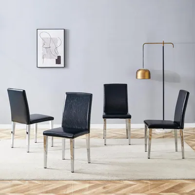 Image de Ensemble de 4 chaises de salle à manger, design minimaliste, revêtues en similicuir PU, pieds en métal, style moderne et noir et argent)