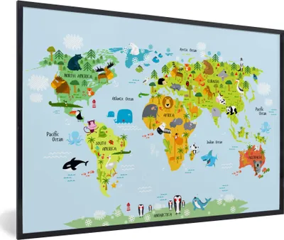 Produktbild von MuchoWow® Gerahmtes Poster Weltkarte - Kinder - Tiere - Natur - Jungen - Mädchen 90x60 cm - Poster mit Schwarzem Bilderrahmen Wandposter Rahmen Foto Bilder - Fotorahmen - Foto-Plakat