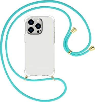 Produktbild von Handykette Backcover-Schutzhülle mit Band (Metall goldfarben) für Apple iPhone 15 Pro - türkis