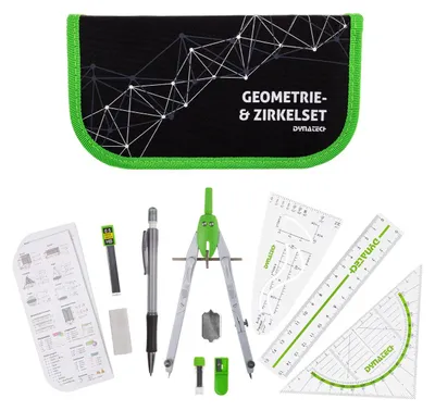 Produktbild von DynaTech Geometrie- und Zirkelset (13-teilig) Etui mit Reißverschluss in grün
