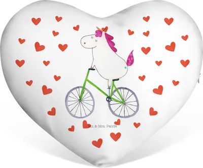 Produktbild von Mr. & Mrs. Panda Sofakissen Einhorn Radfahrer - Weiß - Geschenk, dekoartikel, Herzkissen, Unicorn, Kuschelkissen, Rad, Radfahren, Einhörner, Dekokissen, Herz Kissen