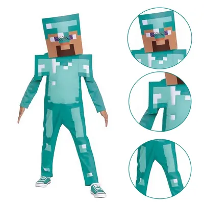 A child wearing a Minecraft Steve Diamond costume, with close-up insets showing details of the costume.