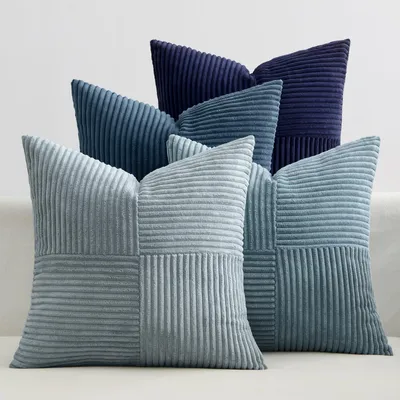 Produktbild von Kissenbezug aus Cord, 4-teiliges Patchwork-Design, 40 x 40 cm, dekorativer Kissenbezug, Dekokissen, Sofakissen, Cord, dunkelblau