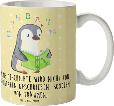 Produktbild von Mr. & Mrs. Panda Kaffeebecher Pinguin Legasthenie - Gelb Pastell - Geschenk, Kaffeetasse, haferl, Trinkbecher, Becher, Rechtschreibstörung, Teetasse, Tasse