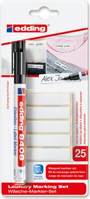 A product package for a laundry marking set, including a marker and iron-on labels.