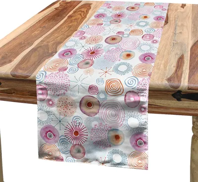Produktbild von ABAKUHAUS Retro Tischläufer, Dahlie Blütenblatt gedruckt Aquarell und Doodled Kreise und geometrische gestrichelte Linien, 40 x 225 cm, Mehrfarbig