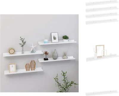 Four white wall shelves are mounted on a light gray wall, decorated with various items.