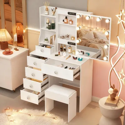 Image de Table de toilette avec miroir LED - Blanche - En MDF - Avec tabouret et tiroir