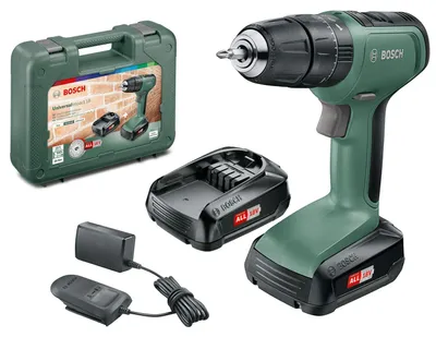 Produktbild von Bosch Universalimpact 18 Akku-Schlagbohrmaschine, 1,5 Ah Akkukapazität, 18 V Akkuspannung, 30 mm Bohrleistung in Stahl, variable Geschwindigkeit, inklusive 2 Lithium-Ionen-Akkus und Ladegerät