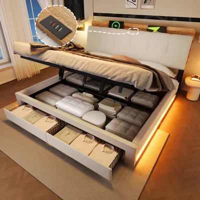 Produktbild von Flieks Hydraulisches Polsterbett 180x200cm mit Schublade, Stauraumbett Doppelbett mit Ladefunktion, Jugendbett mit Led, Hydraulikbett Leinen, Beige