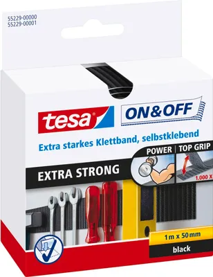 Produktbild von tesa ON & OFF Extra Strong Klettband selbstklebend Klett Klebeband extra stark zum kleben - 1 m : 50 mm