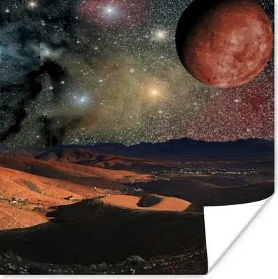 Produktbild von MuchoWow® Poster Eine Illustration einer Planetenoberfläche mit Sternen und Planeten 50x50 cm - Wohnzimmerdekoration