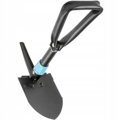 A black folding shovel with a blue accent on a white background.