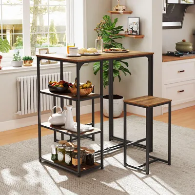 Produktbild von COSTWAY Bartisch mit Barhocker Set, 2 Personen Bartisch Set mit 3 Ablagefächern, Küchentheke Vintage, Metallrahmen, Tisch&Stühle, für Küche Wohnzimmer