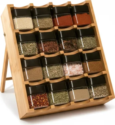 Obrázek produktu pro Relaxdays – stojan na koření s 16 sklenicemi, bambus, rozměry: 35 x 30 x 9 cm, 4 patra, stojací schodišťový stojan na koření, úložný prostor na koření, přírodní