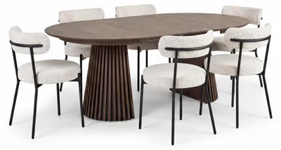 Immagine prodotto di Set sala da pranzo Tokyo: tavolo incl. 2 allunghe Ø120x120-160-200 cm affumicato e 6 sedie in bouclé bianco.