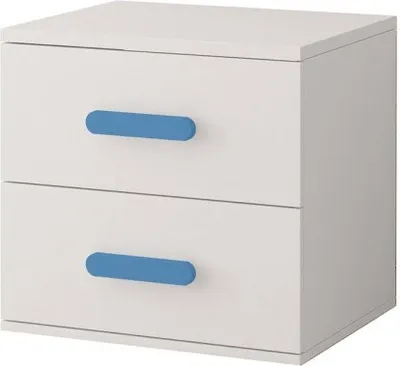 A white nightstand with two blue drawers.