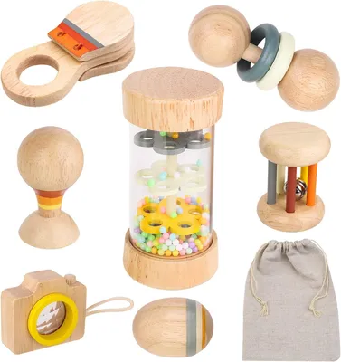Image de Jeu de hochet et de jouets d'éveil en bois, 7 pièces, pour bébés, jouets pour bébés