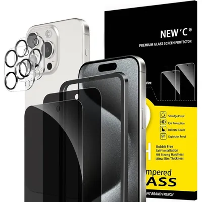 Obrázek produktu pro Sada ochranných fólií pro iPhone 15 Pro Max (6,7 palců) - 2x fólie s ochranou proti nahlédnutí, 2x ochranné fólie na fotoaparát, černá barva