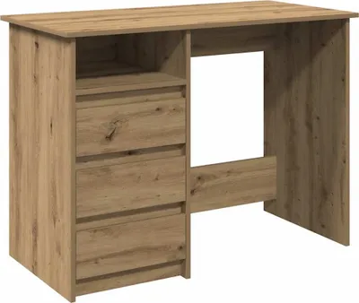 A wooden desk with drawers and an open shelf.
