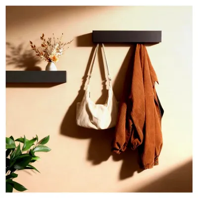 Produktbild von Wandgarderobe 43,5 cm mit Ablage, Moderne Garderobenleiste mit 5 verdeckten Kleiderhaken, Schwarz für Flur, Schlafzimmer und Wohnzimmer, Jackenhalter