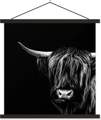 Produktbild von MuchoWow® Textilposter Schottisches Hochlandrind - Horn - Schwarz - Weiß 40x40 cm mit schwarzem Rahmen - Fotos