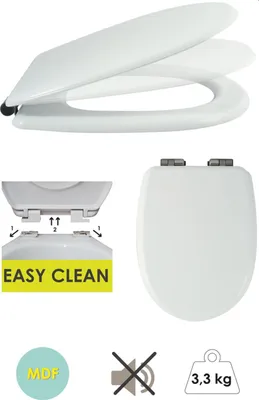 A collage of images showing a white toilet seat from different angles, including a close-up of the hinges and a diagram illustrating its features.