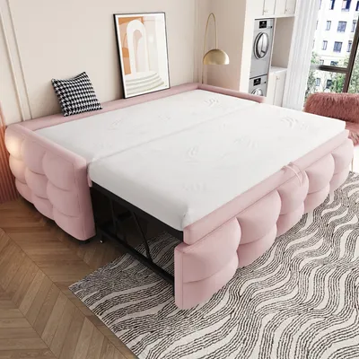 Produktbild von okwish Polsterbett Jugendbett Doppelbett,Einzelbett Tagesbett Ausziehbares Schlafsofa 90/180*190cm, Puffbett, Teddy-Samtstoff,Mit Lattenrost, Multifunktionsbett, Rosa Ohne Matratze