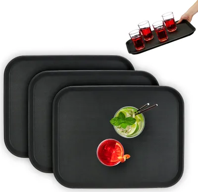 Immagine prodotto di Set di 3 vassoi da servizio Relaxdays, superficie antiscivolo, vassoio da cameriere squadrato, settore della ristorazione, LxP: 46x35 cm, nero