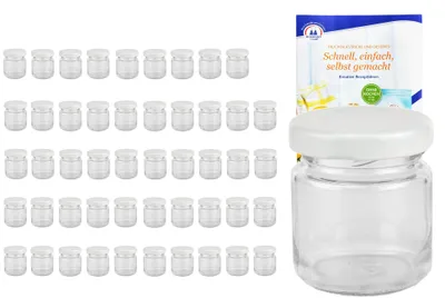 Produktbild von 50er Set Mini Sturzgläser 53 ml To 43 weißer Deckel Obstgläser Einmachgläser incl. Rezeptheft