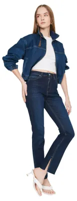 Image de TRENDYOL - Jeans taille haute, coupe slim, jambes évasées, style palazzo, pour femmes, couleur bleu marine