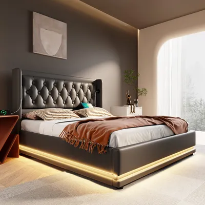Obrázek produktu pro okwish 180×200 čalouněná postel s 3stranným LED osvětlením a úložným prostorem, postel pro mládež s USB a Type-C nabíjecím portem, černá, bez matrace
